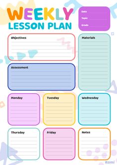 the weekly lesson plan is shown in this colorful printable version, which includes daily tasks and