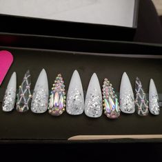 Brand New Custom Long Stiletto Press On Nails I Purchased Off Of Etsy. Beautiful White With Silver Accents & Rhinestone Nails Would Keep But Purchased The Size Medium And Should Have Purchased A Large. So My Mistake Is Your Gain. If Any Questions Please Feel Free To Ask (See Photos For For Exact Medium Measurements.) Nwot Bedazzled Nails Rhinestones, Stiletto Press On Nails, Stilleto Nails Designs, My Mistake, Long Stiletto, Art 2024, Sewing Diy, Nail Art Inspiration, Rhinestone Nails