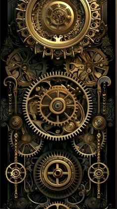 an image of a clock with gears on the front and back side, as if it was made out of gold