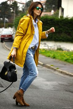 yellow raincoat                                                                                                                                                                                 More Yellow Jacket Outfit, Yellow Rain Coat, Pink Raincoat, Trench Coat Outfit