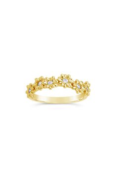 Dainty cubic zirconia sparkle along a sweet flower-band ring plated in glossy 14-karat gold. Brass/14k-gold plate/cubic zirconia Imported Ring Plate, Flower Band, Gold Brass, Keep Jewelry, Flower Ring, Sterling Ring, Band Ring, Band Rings, Nordstrom Rack