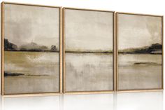 three paintings on a white background each with a different color and size one is gold, the other is gray