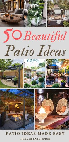 the cover of 50 beautiful patio ideas, with pictures of outdoor furniture and fire pit