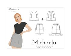 "Cargo skirt sewing pattern by Coralina Patterns. You can choose between the A-Line cargo skirt version or the button-down version. *Please note*: I provide SHORT SEWING INSTRUCTIONS as shown on the images. I also provide a list of all the sewing techniques needed to complete this project. Unfortunately, I can't provide a full, in detail, step-by-step construction tutorial. **This pattern is in ENGLISH** This PDF pattern comes in sizes 34 to 46 (US sizes 4 to 16, please check the measurements on the images above). This PDF pattern offers immediate download (forget waiting for the mailman!) and can be printed on A4 / US Letter format at home or in the office. It also comes in the A0 format for copy shops.  My digital pattern is layered, so you can print only your size! Michaela is a great t Cargo Skirt Sewing Pattern, Basic Mini Skirt Pattern, Corduroy Mini Skirt Pattern, Low Rise Mini Skirt Sewing Pattern, Mid-rise Cotton Cargo Skirt With Pockets, Sewing Pockets, Skirt Sewing Pattern, Skirt Sewing, Sewing Instructions