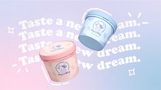 two jars of ice cream sitting next to each other on a blue and pink background