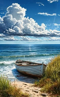 a boat sitting on top of a sandy beach next to the ocean under a cloudy sky