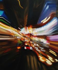 an abstract painting of city lights at night