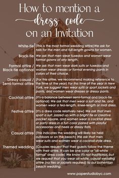 a poster with the words how to mention a dress code on an invitation