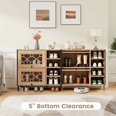 a living room filled with lots of furniture and pictures on the wall above it that says 5 bottom clearance