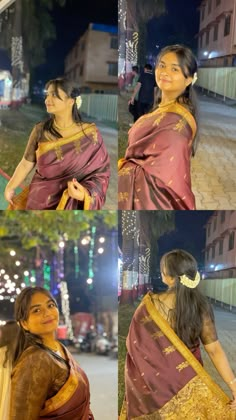 a woman in a sari is smiling and looking up at the camera while standing outside