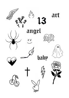 some tattoos that are on the back of a white sheet with black lettering and symbols