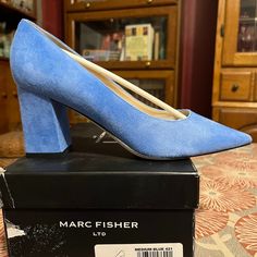 Nib, Elegant Blue Suede Shoes, Pointy Toe, 3 1/2" Heel. Fitted Blue Low Heel Heels, Blue Almond Toe Heels With 4-inch Heel, Blue Suede Block Heel Shoes, Blue Suede Heels With Block Heel, Blue Pointed Toe Court Shoes For Spring, Chic Blue Court Shoes With Round Toe, Blue Closed Toe Court Shoes With Padded Heel, Blue Padded Heel Court Shoes, Blue High Heel Court Shoes With Padded Heel