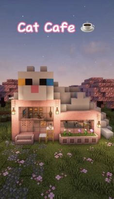 the cat cafe in minecraft is pink and has flowers growing out of it's roof