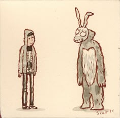 a drawing of a man standing next to a rabbit in front of another person wearing a hat