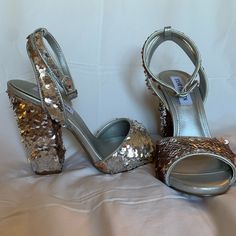 These Are Virtually Brand New, I Wore Them Around The House Trying To Get Used To Them. I’m Not Sure How The Discoloration In The Bottom Of One Happened As I Didn’t Wear Them Very Long/Often. Gorgeous Sequined Steve Madden Heels, Size 6.5. The Sequins Can Be Flipped To Either Silver Or A Golden Shade As Shown. Sequins Everywhere! Offers Welcome! Get Your Perfect New Year��’s Eve Shoes! Steve Madden Heels, Black Sequin Dress, New Year’s Eve, Black Sequins, Steve Madden Shoes, New Years Eve, Sequin Dress, Shoes Women Heels, Steve Madden