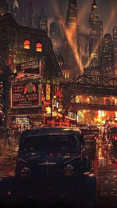 an old car is parked on the street in front of a cityscape at night