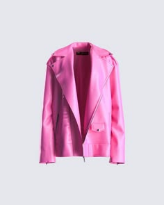 Attitude isn't the only thing you'll be serving in this pink faux leather jacket 💕 Made from bright pink faux leather - complete with an oversized moto style, two zipper pockets, sleeve zippers, and center front metal zipper closure for a look gives “pretty, but dangerous” 😏 Fall Mini Skirt Outfit, Moto Boots Outfit, Fall Mini Skirt, Welcome To The Future