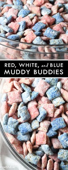 red, white and blue muddy buddies in a bowl with text overlay that says red, white and blue muddy buddies