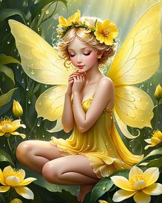 a painting of a little fairy sitting on the ground with yellow flowers in her hair