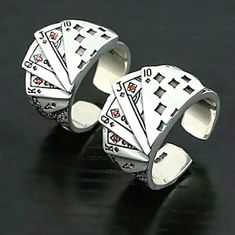 Very Nice Ring For Anyone Who Loves Playing Card Games & Gambling. Has The Ace, King, Queen, Jack, & 10 Cards On Front Of Ring. The Ace, The Queen, & The Jack Have Red Jewels To Represent The Card Values. This Ring Would Make A Great Gift For Someone Else & It Would Even Make An Awesome Addition To Your Own Jewelry Collection. Card Ring, Mens Fashion Vintage, Vintage Punk, Bagan, Enamel Ring, Unisex Ring, Moda Vintage, Fashion Couple, Playing Card