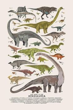 an image of dinosaurs that are all different colors and sizes, with the words dinosauria on