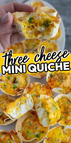 Serve up these tasty three cheese mini quiches at your football party for a crowd-pleasing snack! Filled with egg, cheese, and jalapeños. Football Sunday Snacks Appetizers, Game Days Snacks, Gameday Appetizers Football Season, Best Football Appetizers Easy, Football food appetizers, Best football food