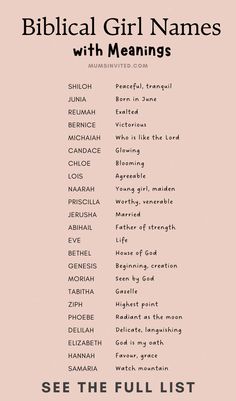 the biblical girl names with meaningss in black and white, on a pink background