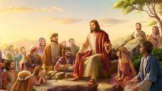 a painting of jesus sitting on a rock surrounded by people