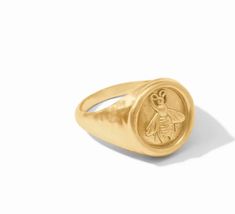 A classic golden signet ring featuring a detailed bee cameo set into a tapering shank. Julie Vos, Signet Ring, Bee, Ring