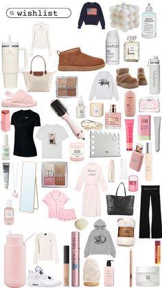 a collage of various items that include shoes, handbags and cosmetics