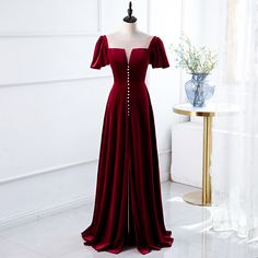 Elegant Wine Red Long Party Dress, A-line Velvet Evening A-line Velvet Dress, Holiday A-line Evening Dress With Fitted Bodice, Velvet A-line Cocktail Dress, Fitted A-line Velvet Dress For Formal Occasions, Red Velvet Dress For Prom, Velvet A-line Evening Dress, A-line Dress For Christmas Banquet, Velvet Prom Dress With Sweetheart Neckline, A-line Cocktail Dress For Christmas