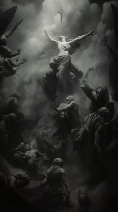 the crucifixion is depicted in this black and white photo with clouds