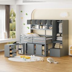 a child's bedroom with bunk beds, desks and storage space for toys