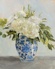 a painting of white flowers in a blue and white vase