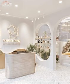 the interior of a skin care store with white walls and flooring, lighted by round windows