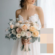 a woman in a wedding dress holding a bouquet of white and peach flowers with greenery