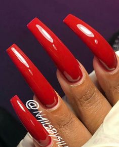 Red Curved Nails, Red Nails On Dark Skin Women, Dark Skin Red Nails, Dark Red Nails On Dark Skin, Red Nails Dark Skin, Long Tapered Square Nails Red, Purple Toe Nails, Red Chrome Nails, Matte Pink Nails