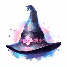 a witches hat with pink flowers on the side and watercolor splotters around it