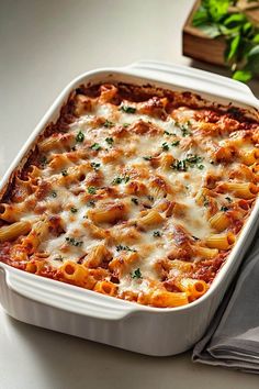 a casserole dish with meat and cheese in it sitting on a table next to a napkin