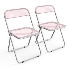 two pink folding chairs sitting next to each other on a white background with no people