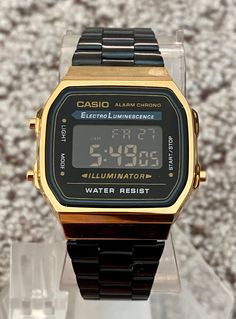 CASIO Black/Gold A168WG Digital Gold Vintage Collection 🌹  Illuminator 💡 Water Resistant 🪬 Daily Alarm 🚨  1/100 second digital stopwatch ⏱️ Measuring capacity: 23'59.99" Hourly Time Signal ⏰ Auto Calendar 📅  Accuracy: +/-30 seconds per month 🎚️  Battery CR2016 battery 🔋 Approx. battery life: 7 years Case material - Stainless steel,  Stainless steel back. 📦【Shipping details】 Your order will be carefully packaged to ensure it gets to you in perfect condition.  For the combined purchases we Casio Vintage Watch, Chrono Watches, Unisex Watches, Vintage Band, Watch Sale, Wristwatch Men, Wrist Watches, Casio Watch, Digital Watch