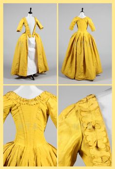 A Chinese-yellow silk open-robe, circa 1770, with fitted English-back, pinked ribbons to the bodice robings, skirt with pocket slits, bodice lined in natural linen. Kerry Taylor Auctions. English Gowns, English Gown, 1770s Fashion, 18th Century Dresses, 18th Century Gown, 1700 Fashion, 18th Century Women, Colonial Dress, American Duchess