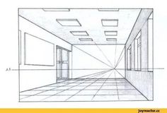 a drawing of an empty room with doors and windows on the wall, in perspective