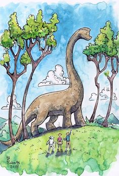 two people standing in front of a large dinosaur with trees on it's back