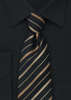 #bowsnties  Silk Black tie with light brown and tan diagonal striped ties. Gold Tie, Boys Ties, Black Leather Dresses, Black Dress Shoes, Prom Dresses Modest, Pinstripe Suit, Black Tie Event, Striped Tie