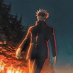 an anime character walking in front of a fire