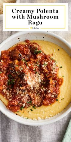 creamy polenta with mushroom ragu in a white bowl on top of a table