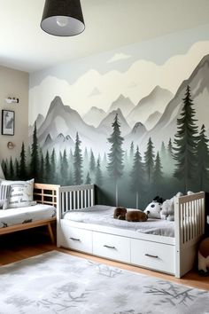 Nature-inspired toddler boy bedroom with tree wall art Toddler Boy Bedrooms, Toddler Boy Room Ideas Themes, Forest Baby Rooms, Baby Room Design Boy, Boy Room Themes, Boy Bedrooms