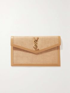 SAINT LAURENT Uptown leather-trimmed raffia pouch Luxury Natural Color Clutch, Ysl Uptown Pouch, Raffia Clutch, Net A Porter, Women Collection, Yves Saint Laurent, Luxury Design, Fashion News, Latest Fashion