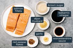 salmon on a plate with spices, seasonings, and sauces labeled in english